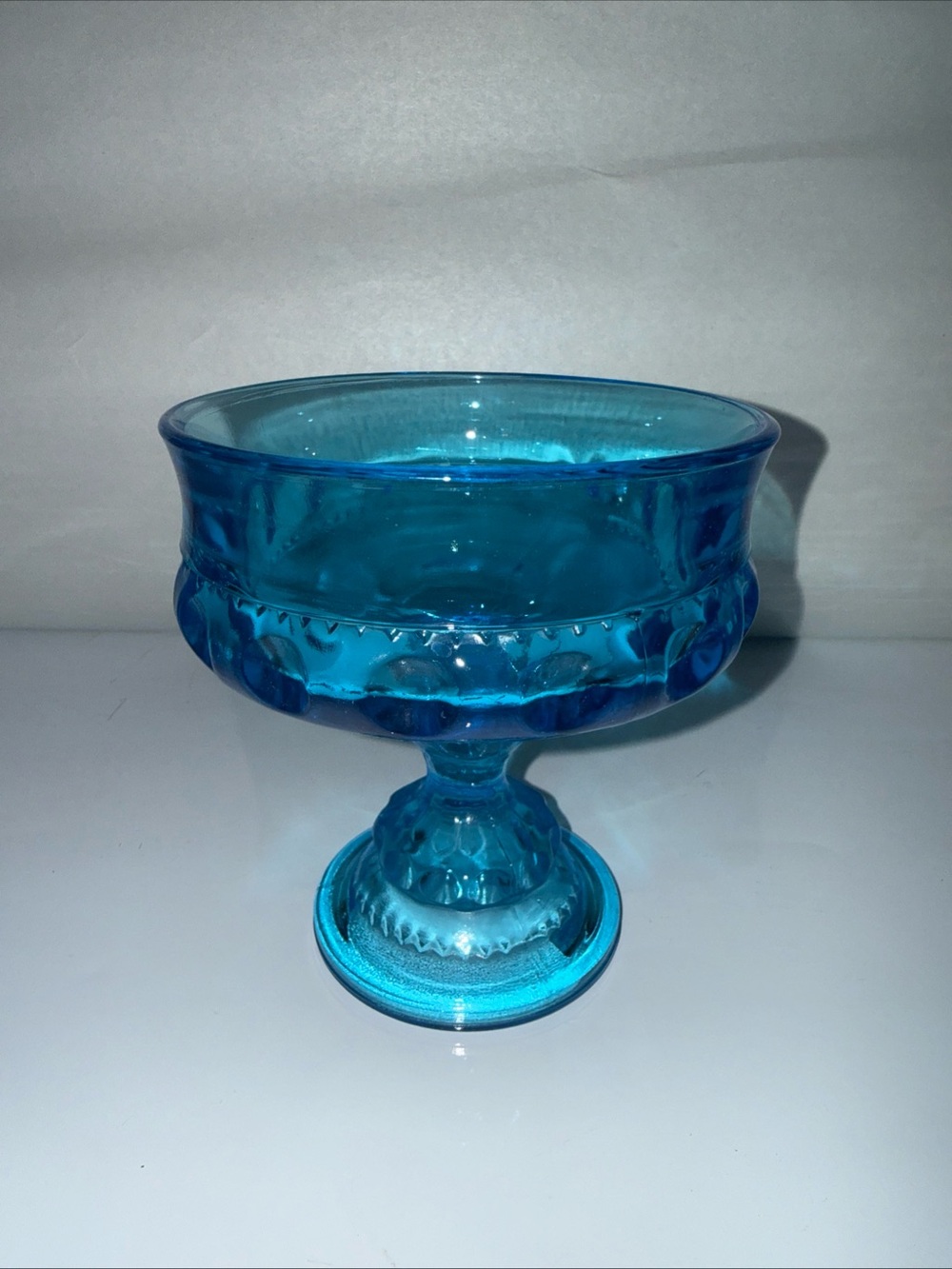 Vintage Indiana Glass Aqua Blue Kings Crown Thumbprint Compote Candy Dish